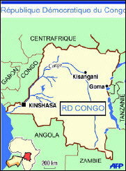 Kaart van Congo. De Provincie Ituri bevind zich rond de stad Kisangani in het Oosten. AFP
